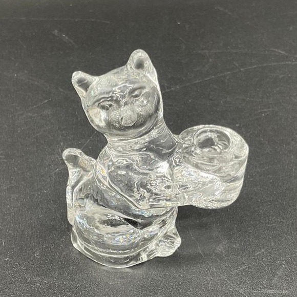 Vintage Glass Cat Candle Holder Figurine Small Clear Kitty With Candle Cup Arm - Picture 1 of 6